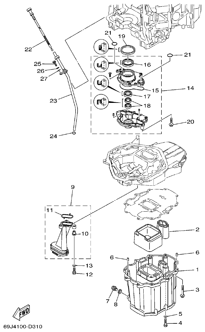 Yamaha F200A, F225A, FL200A, FL225A, F225TR, F200TR, LF225TR, LF200TR OIL PAN parts diagram